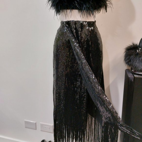 ๐ฅSHOWSTOPPER๐ฅZARA Black Sequin Wrap Fringe Hem Ankle Length Skirt - Picture 9 of 16